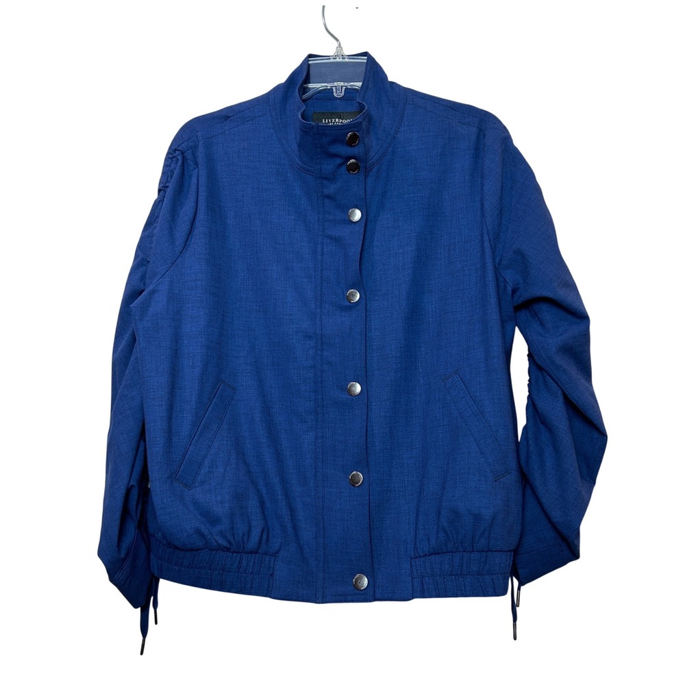 Liverpool Bomber Jacket Womens M Blue Ruched Sleeve Mock Neck Utility Casual